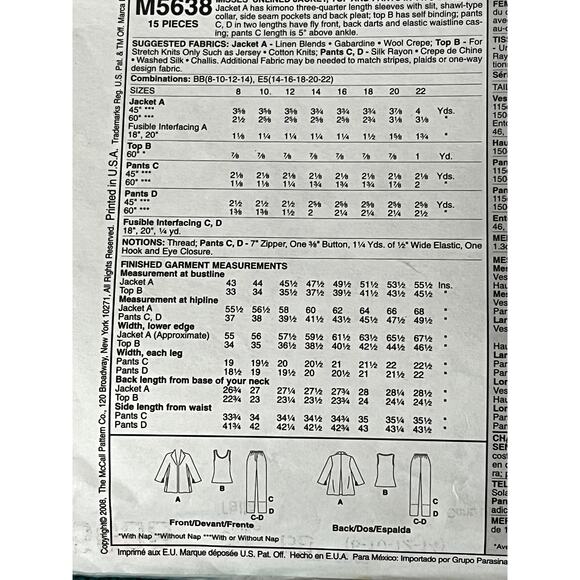 McCalls 5638 Sewing pattern jacket top pants size 8 10 12 14 - Picture 4 of 6